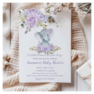 Baby Purple Floral Cute Elephant Girl Baby Shower Invitation