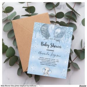 Baby Shower blue glitter elephant boy balloons Invitation Postcard