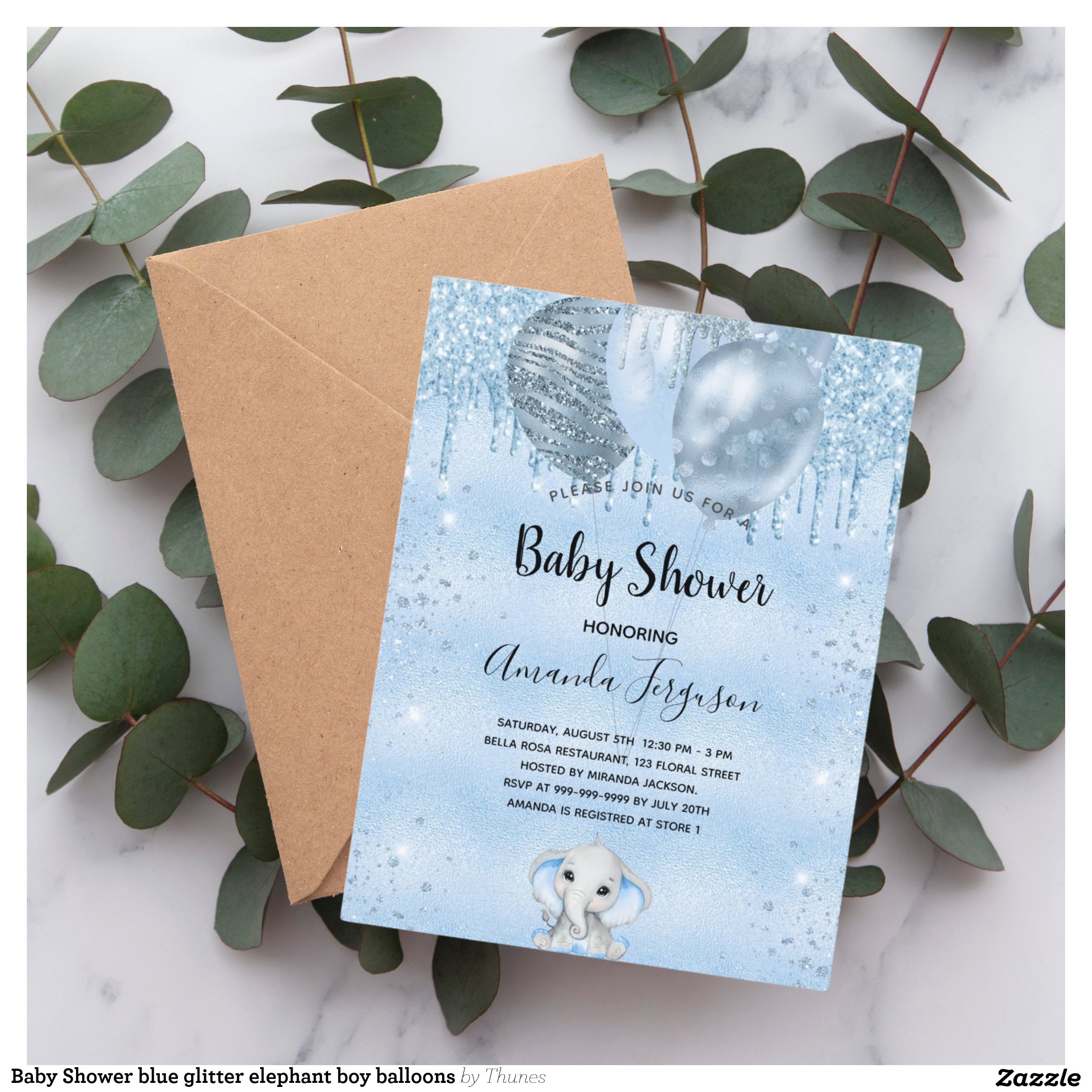 Baby Shower blue glitter elephant boy balloons Invitation Postcard