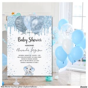 Baby Shower boy blue glitter elephant balloons Invitation