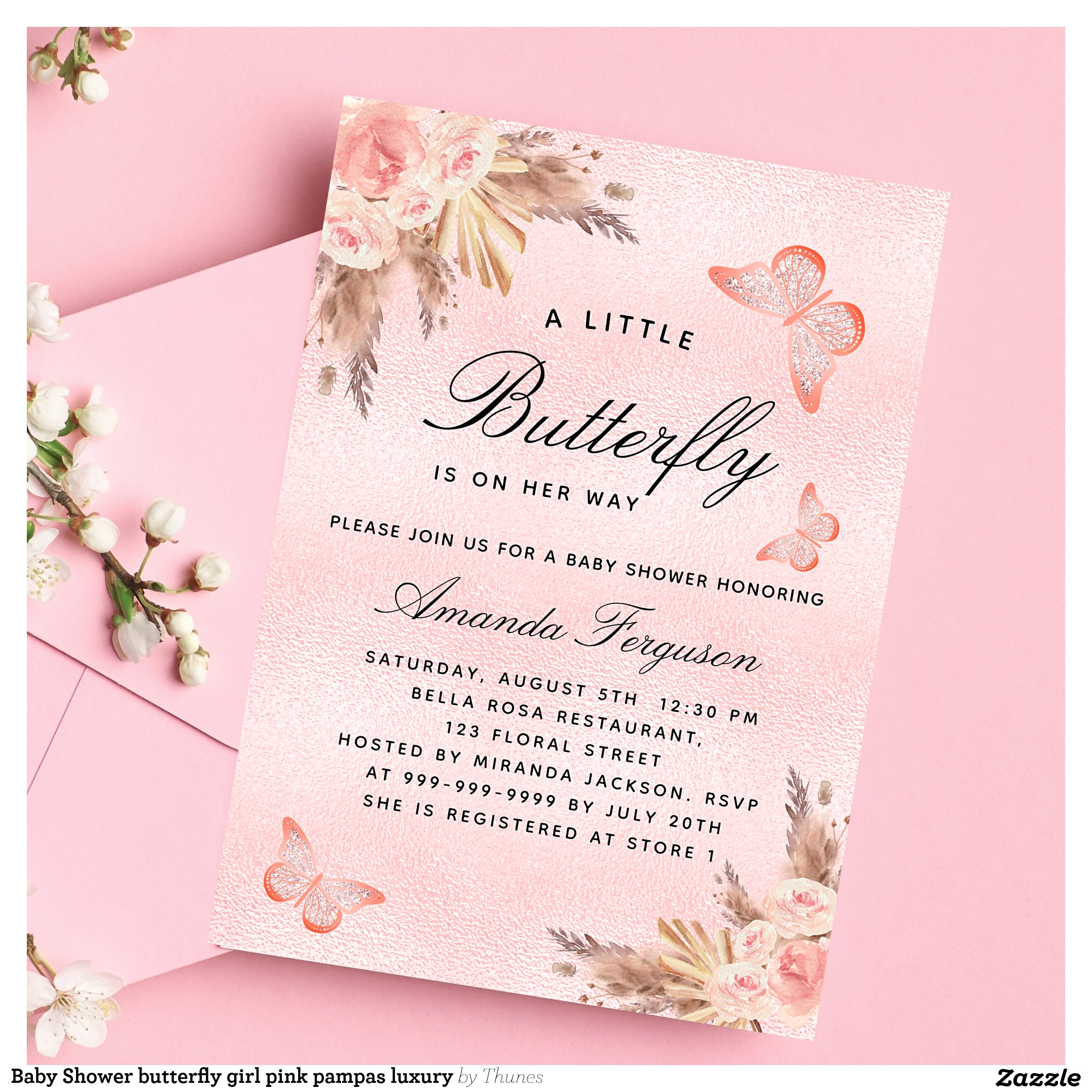Baby Shower butterfly girl pink pampas luxury Invitation