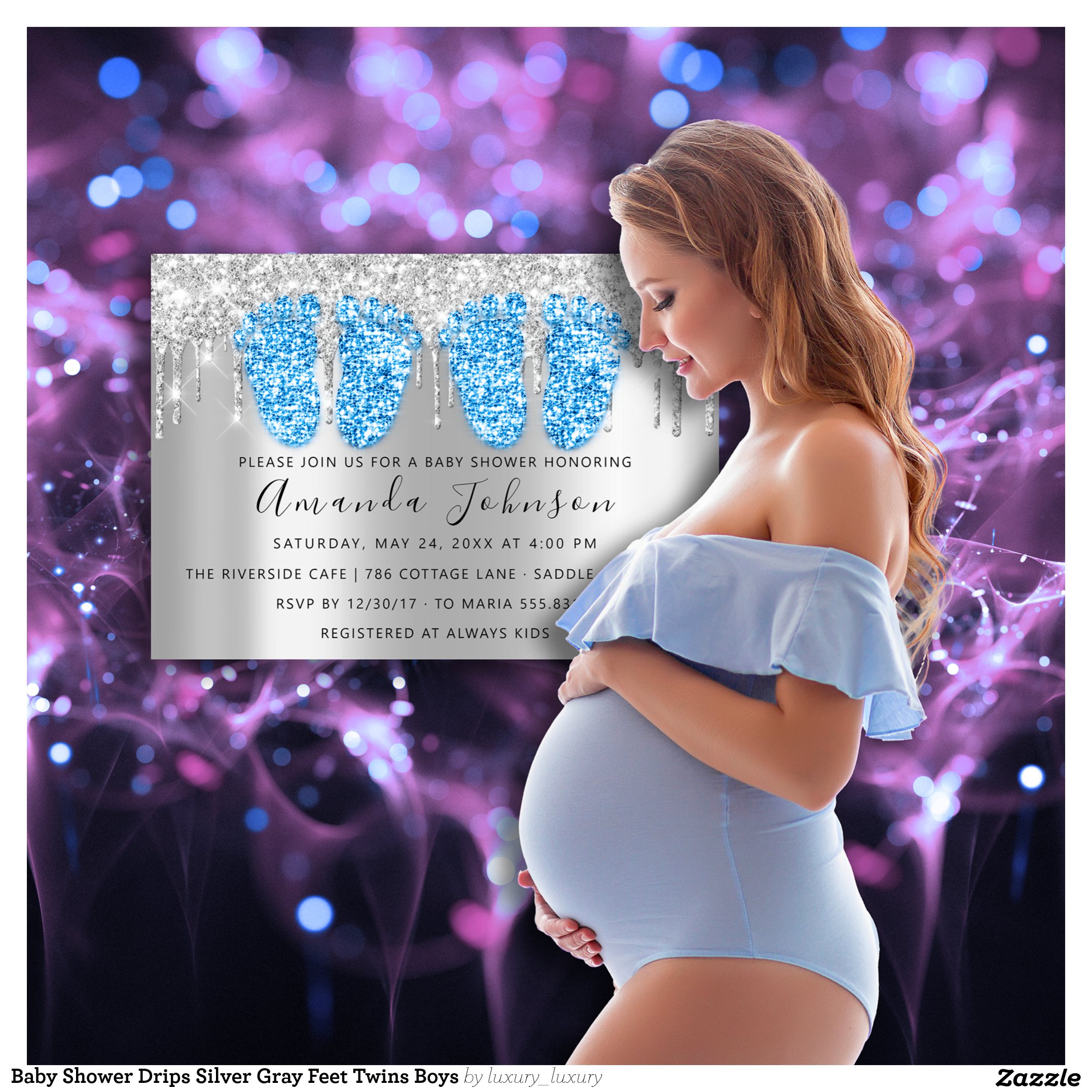 Baby Shower Drips Silver Gray Feet Twins Boys Invitation