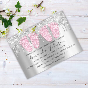 Baby Shower Drips Silver Gray Feet Twins Girls Invitation