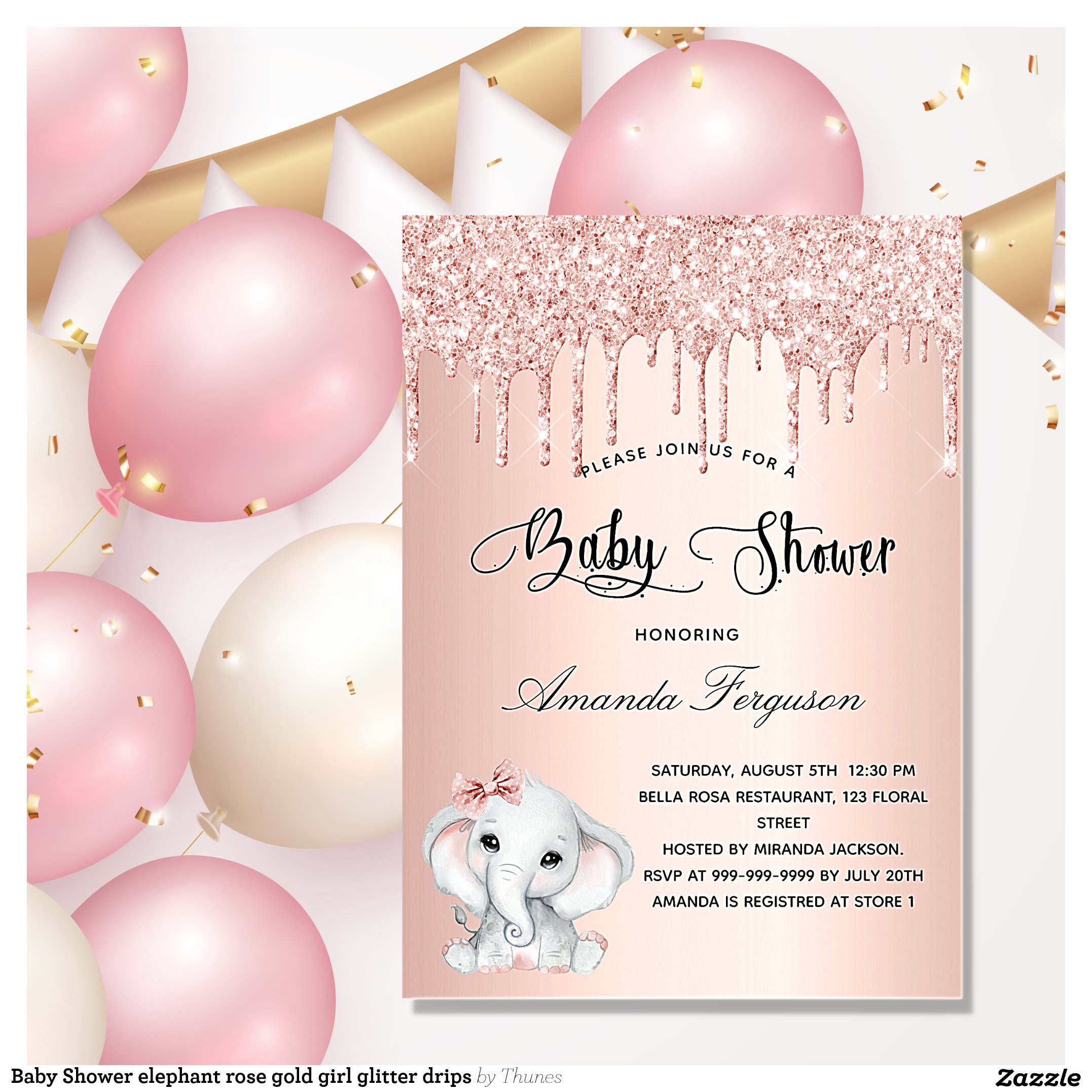 Baby Shower elephant rose gold girl glitter drips Invitation