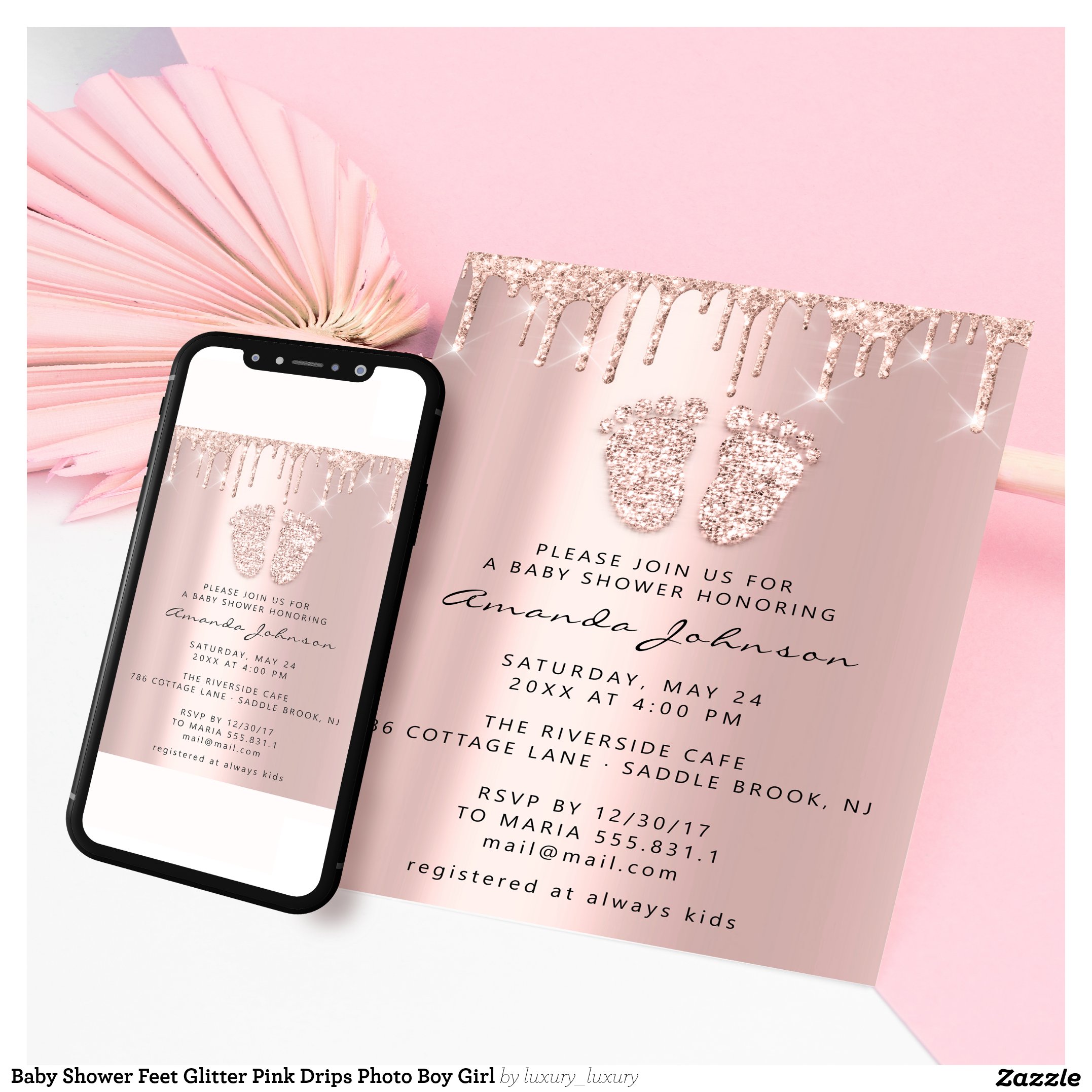 Baby Shower Feet Glitter Pink Drips Photo Boy Girl Invitation