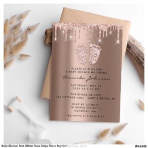 Baby Shower Feet Glitter Rose Drips Photo Boy Girl Invitation