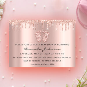 Baby Shower Feet Glitter Rose Gold Drips Boy Girl Invitation