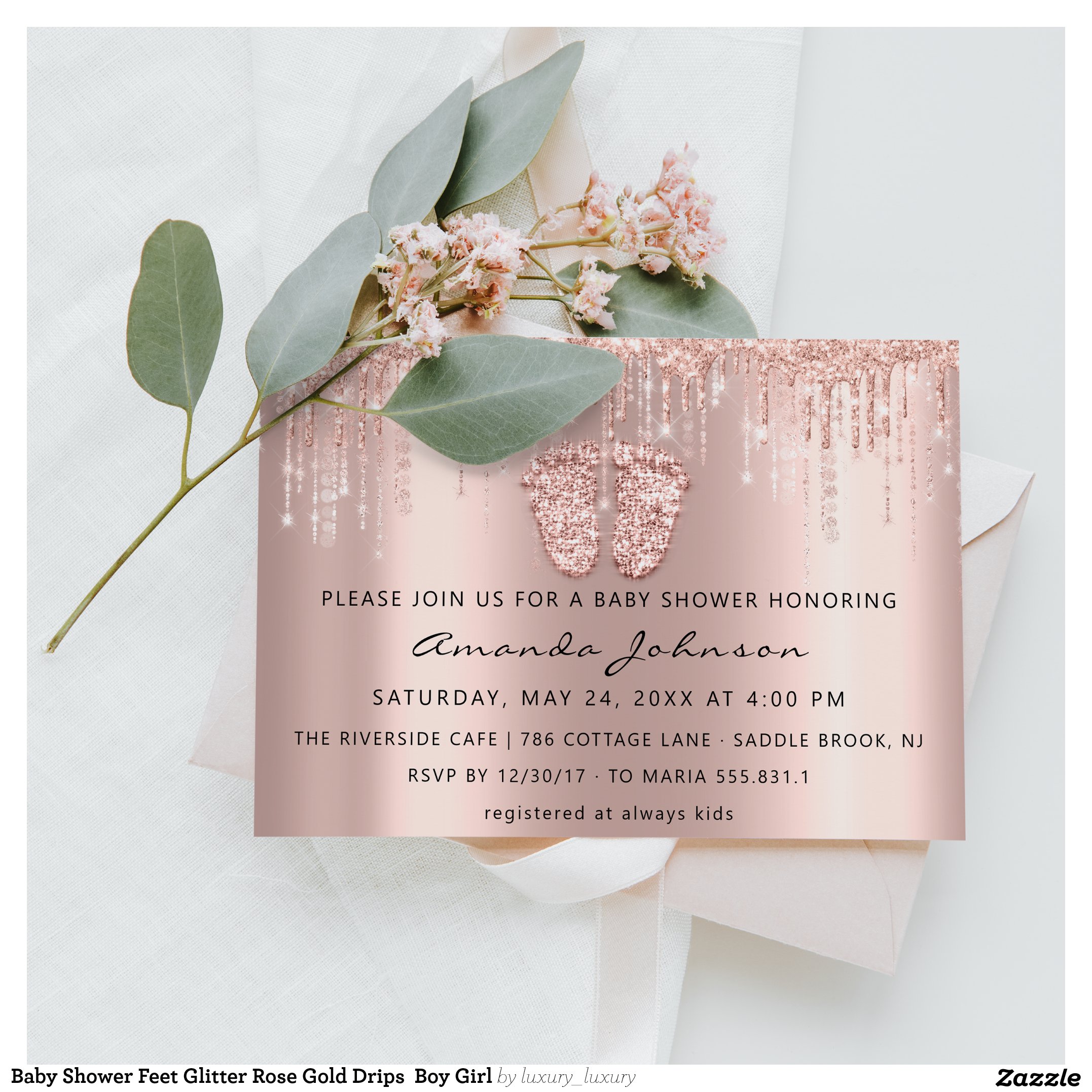 Baby Shower Feet Glitter Rose Gold Drips Boy Girl Invitation