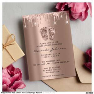 Baby Shower Feet Glitter Rose Gold Drips Boy Girl Invitation
