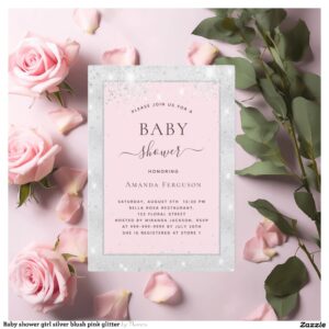 Baby shower girl silver blush pink glitter invitation
