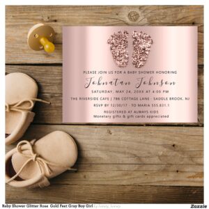 Baby Shower Glitter Rose Gold Feet Gray Boy Girl Invitation
