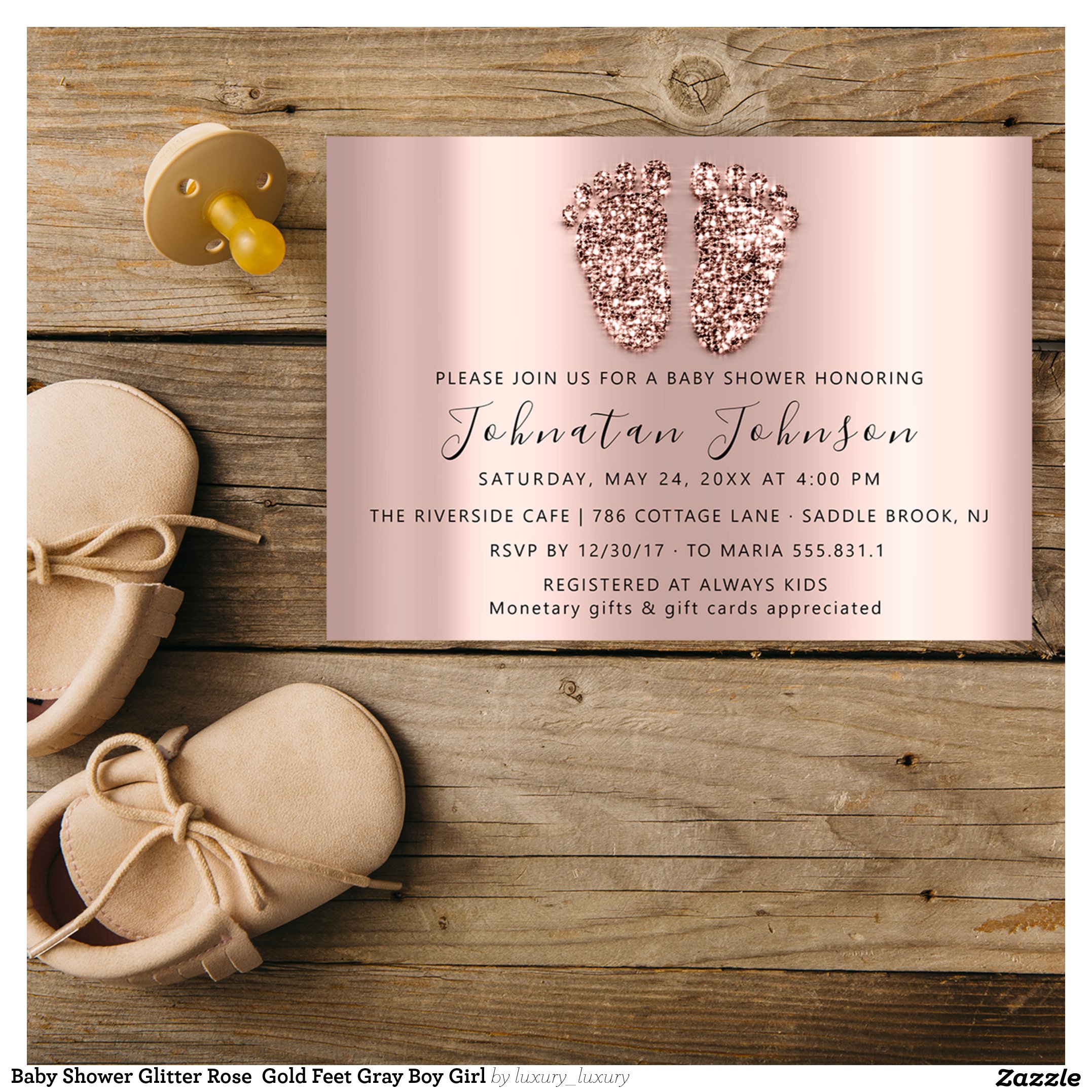 Baby Shower Glitter Rose Gold Feet Gray Boy Girl Invitation
