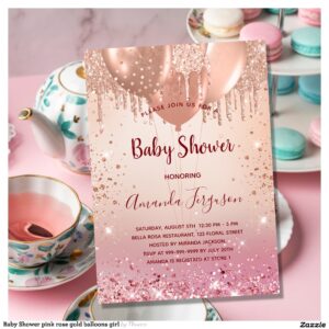 Baby Shower pink rose gold balloons girl Invitation