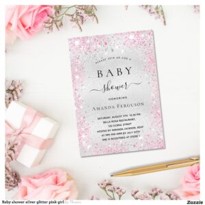 Baby shower silver glitter pink girl invitation
