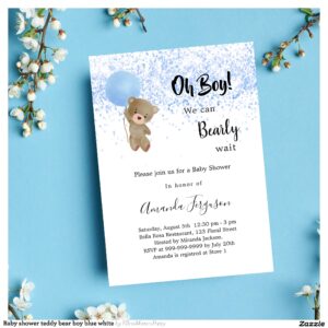 Baby shower teddy bear boy blue white invitation