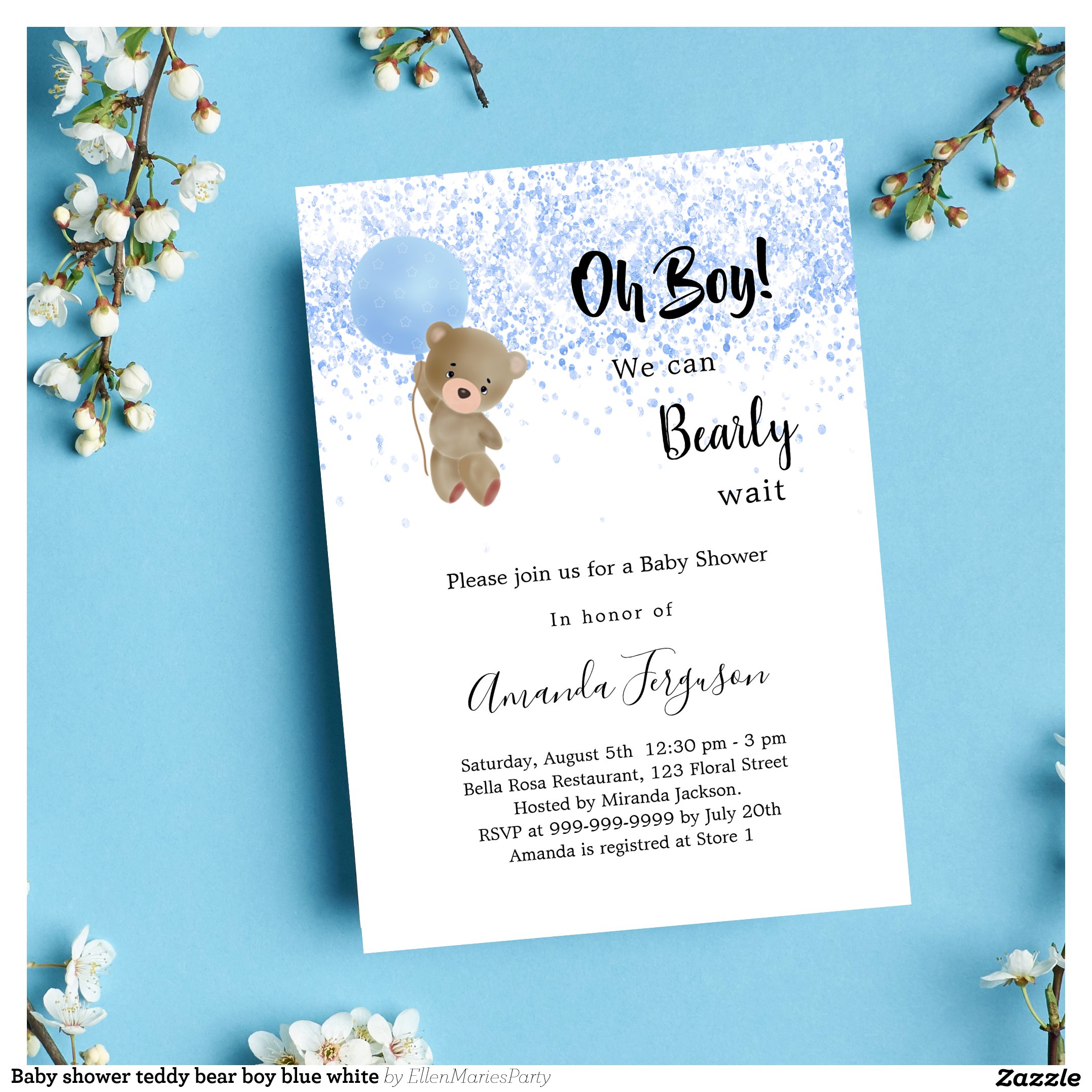 Baby shower teddy bear boy blue white invitation