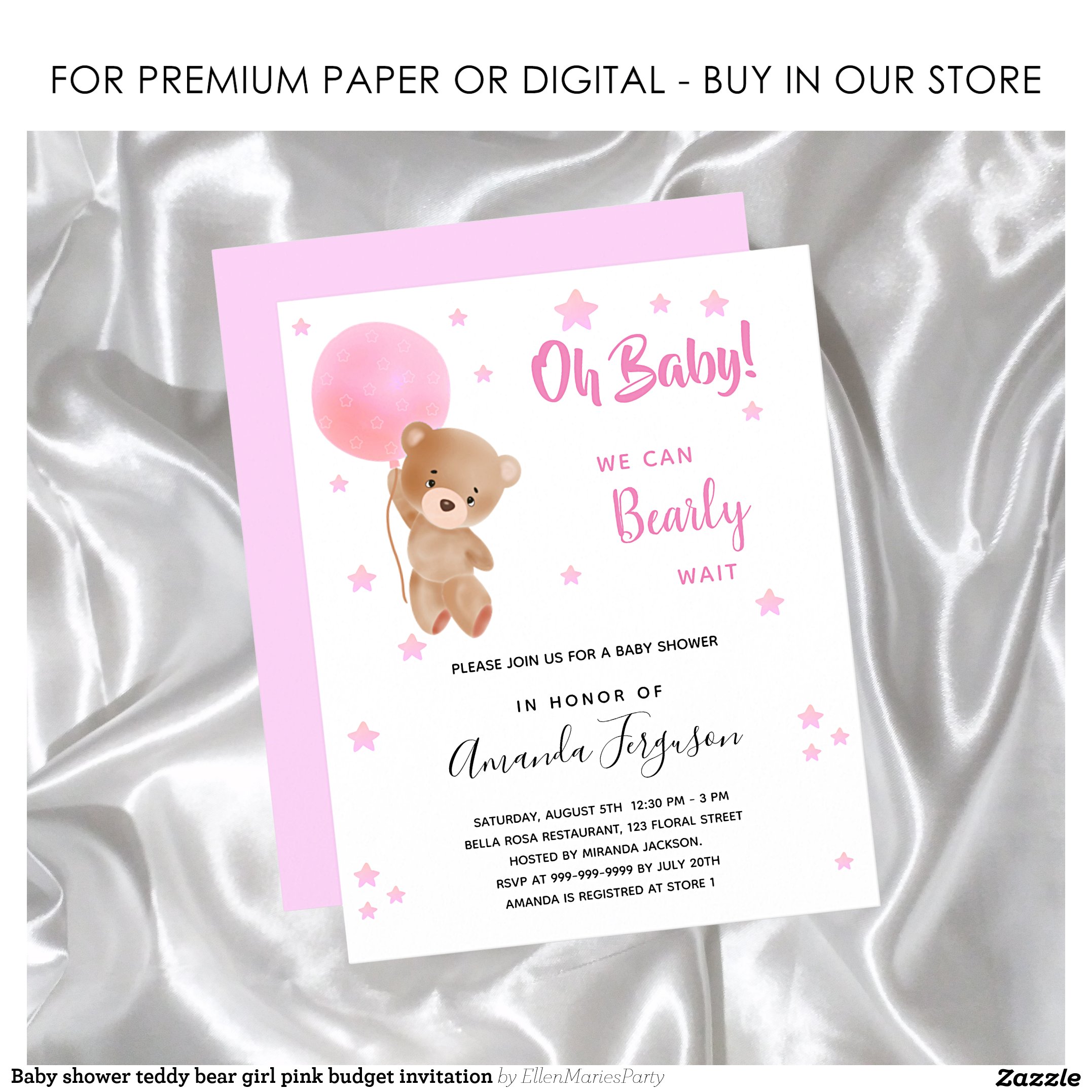 Baby shower teddy bear girl pink budget invitation flyer