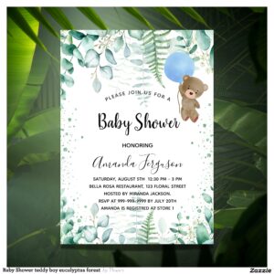 Baby Shower teddy boy eucalyptus forest Invitation
