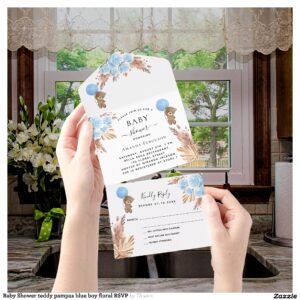 Baby Shower teddy pampas blue boy floral RSVP All In One Invitation