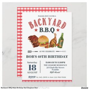 Backyard BBQ Male Birthday Red Gingham Beer Invitation
