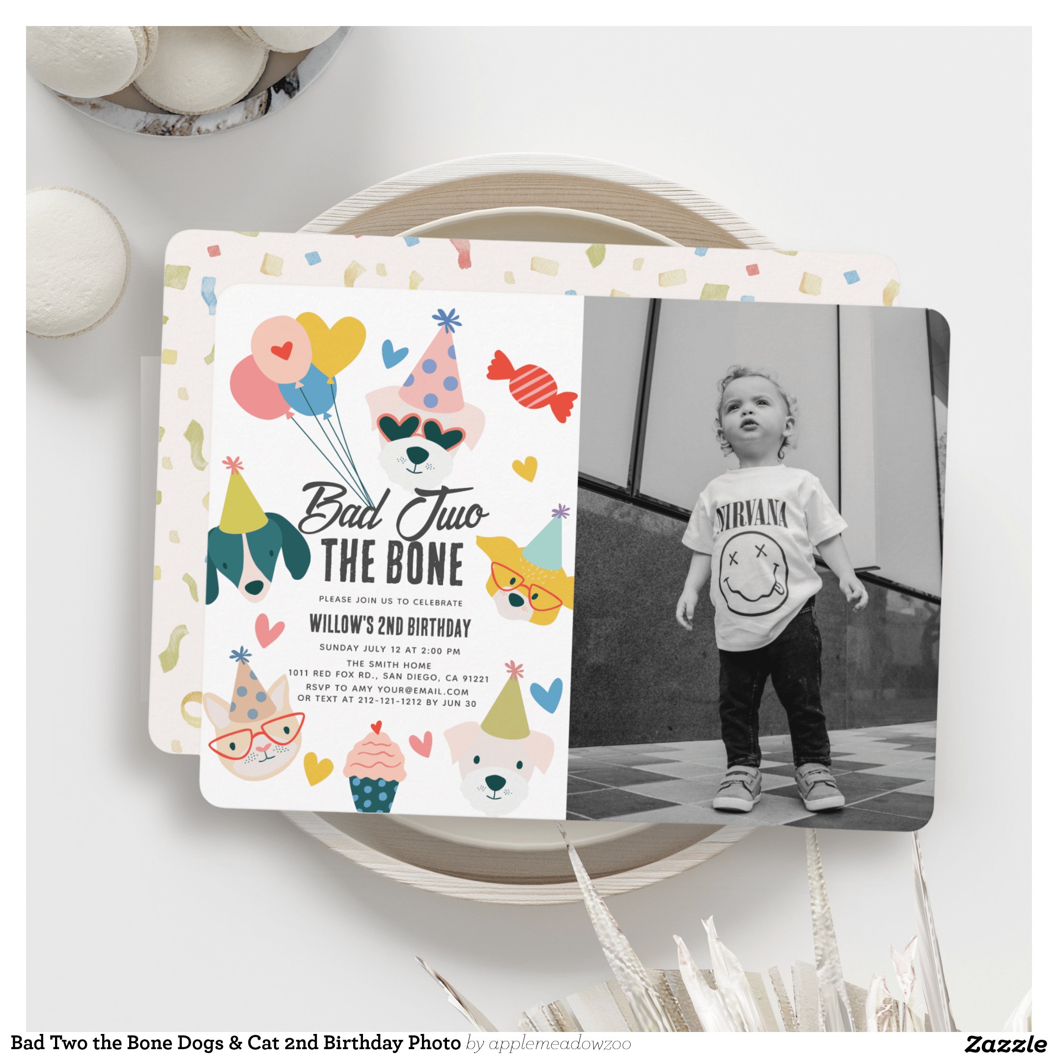 Bad Two the Bone Dogs & Cat 2nd Birthday Photo Invitation