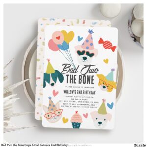 Bad Two the Bone Dogs & Cat Balloons 2nd Birthday Invitation