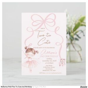 Ballerina Pink Two Tu Cute 2nd Birthday Invitation