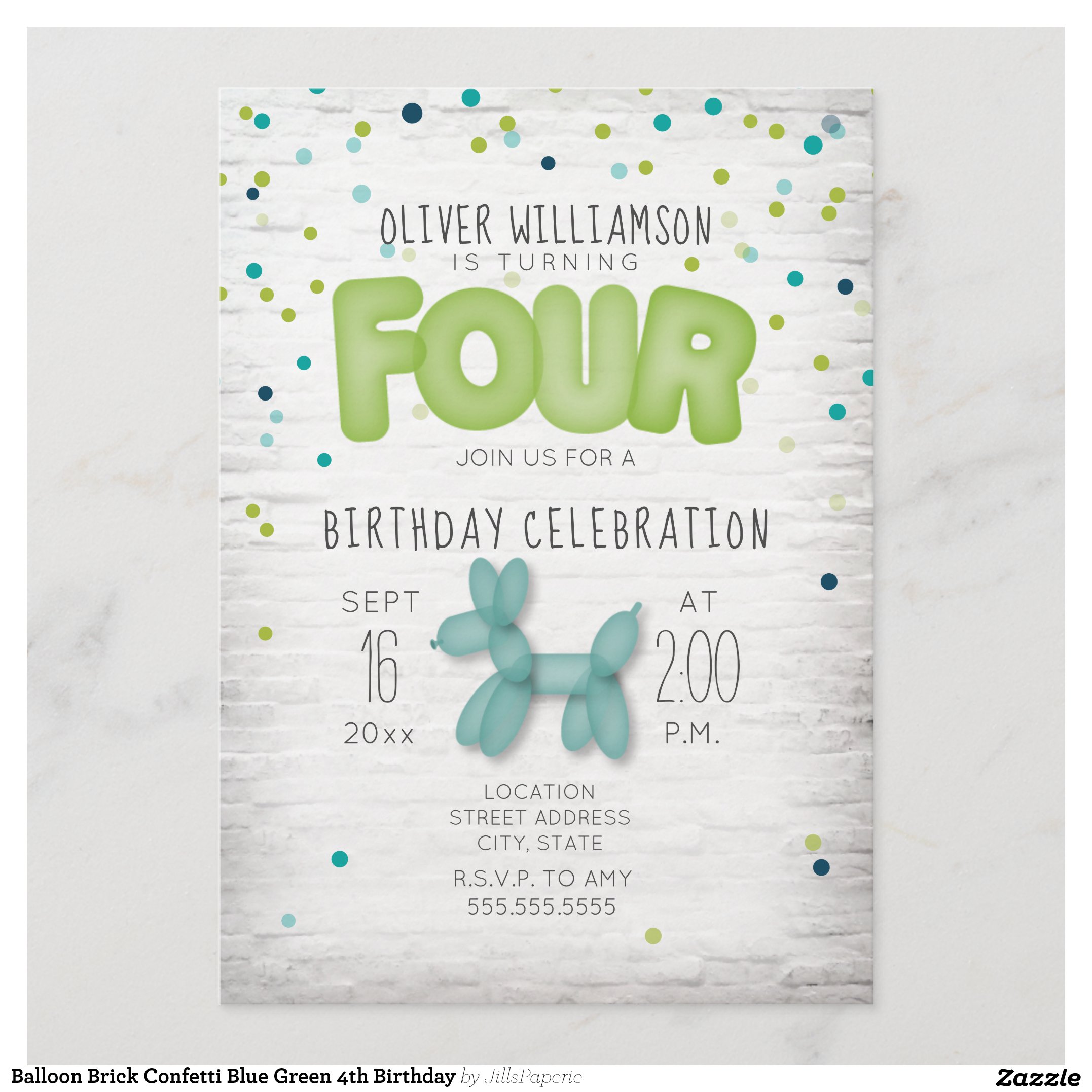 Balloon Brick Confetti Blue Green 4th Birthday Invitation