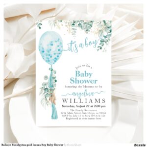 Balloon Eucalyptus gold leaves Boy Baby Shower Invitation