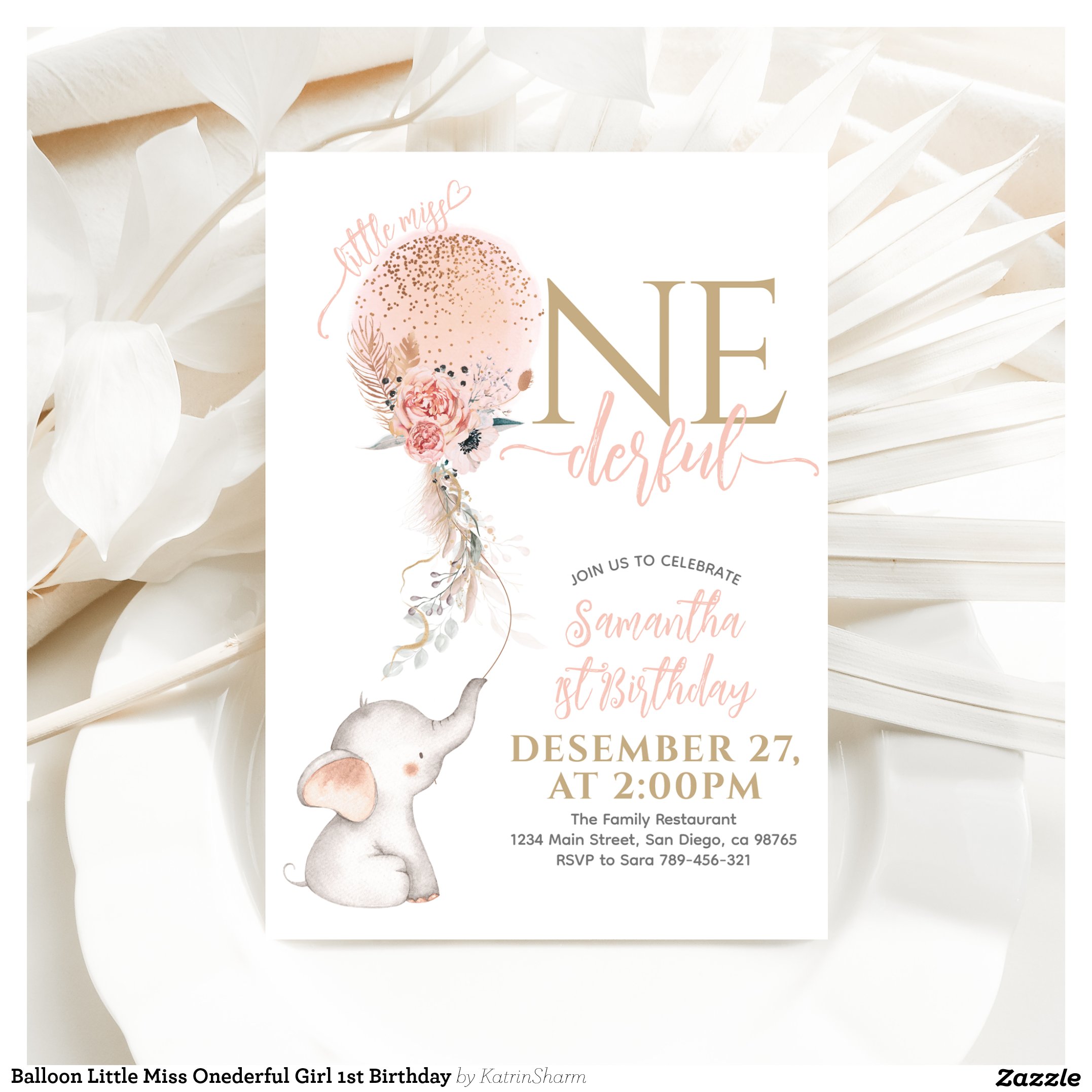 Balloon Little Miss Onederful Girl 1st Birthday Invitation