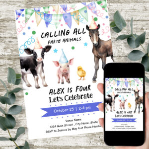 Barnyard Farm Animals 4th Birthday Invitation
