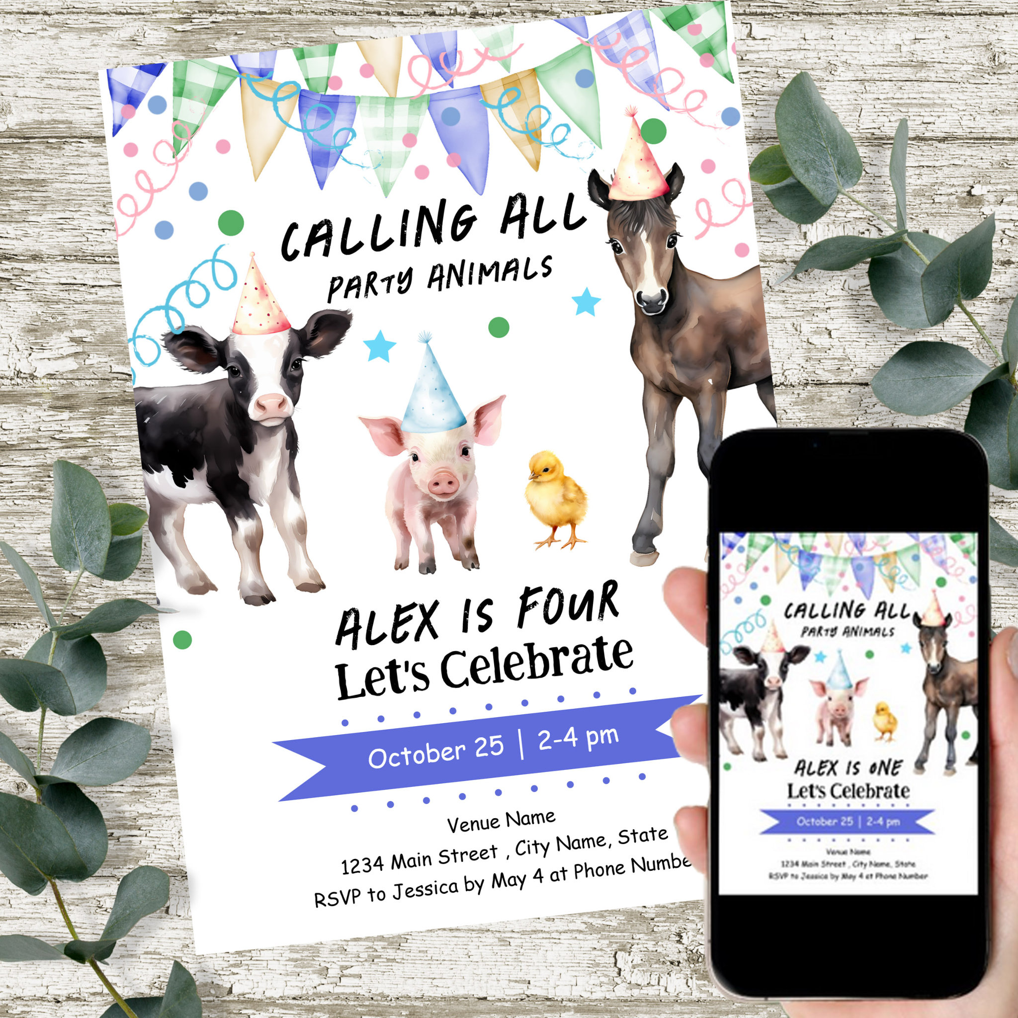 Barnyard Farm Animals 4th Birthday Invitation