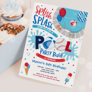 Baseball Pool Party Splish Splash Pool Birthday Invitation