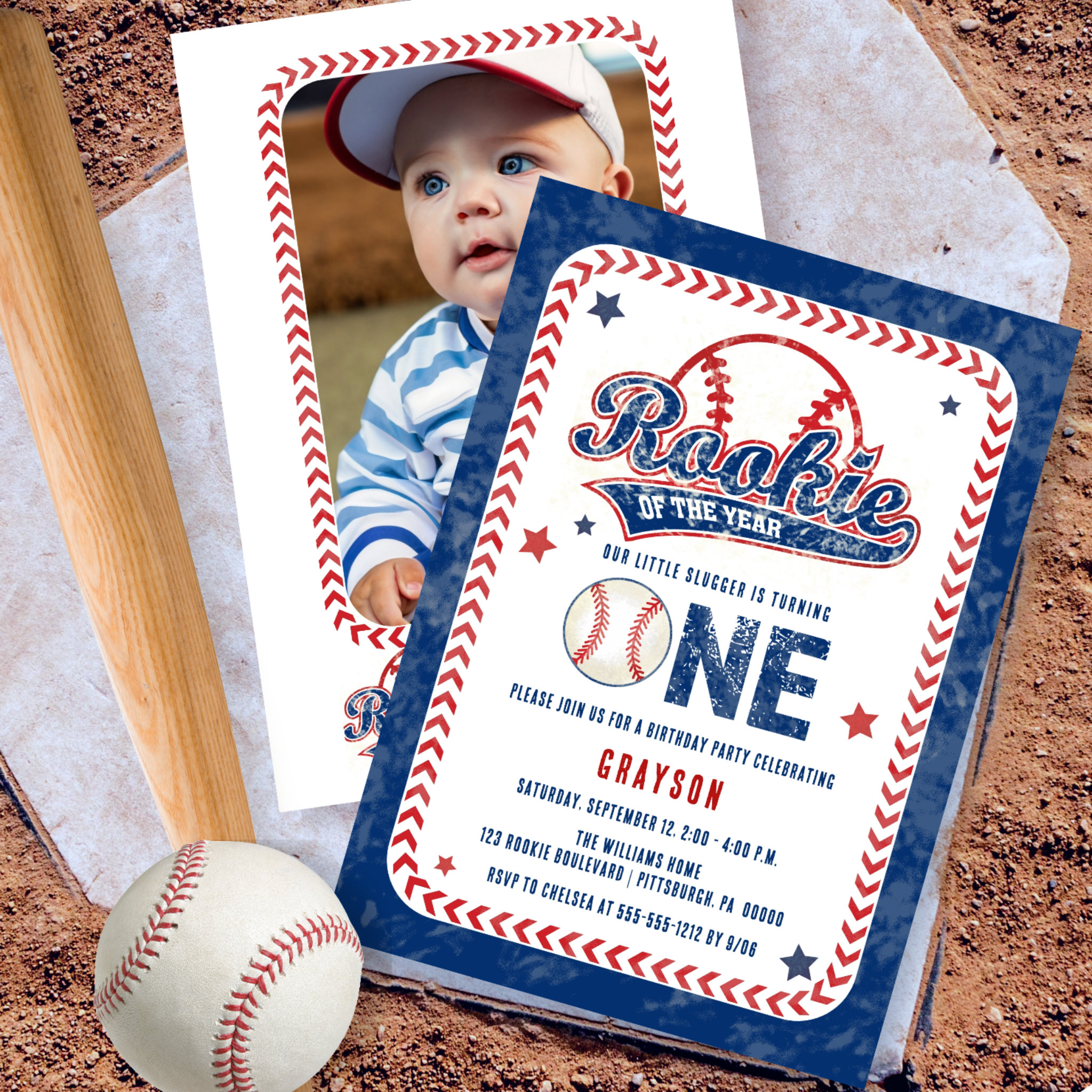 Baseball Rookie Back Photo 1st Birthday Party Invitation