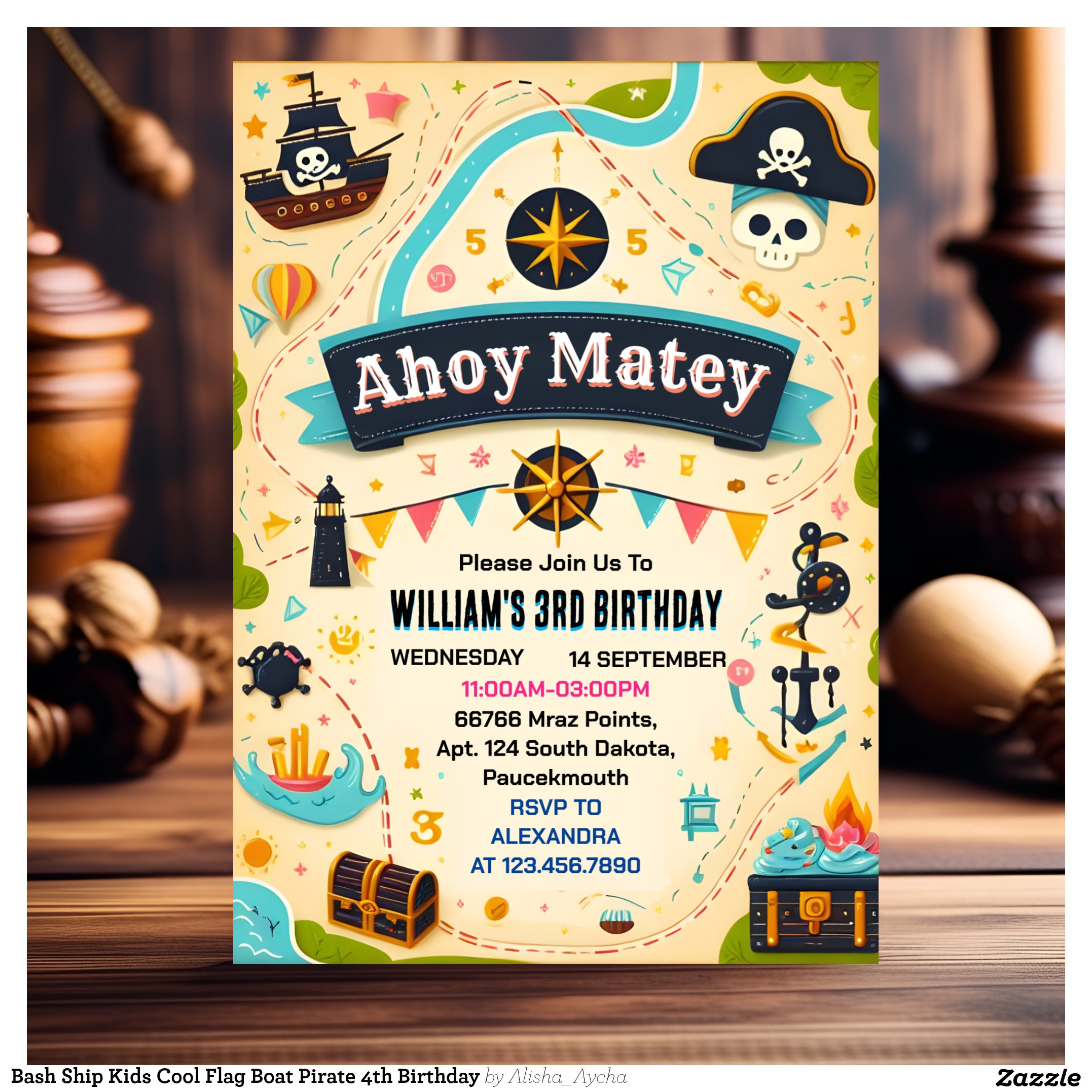 Bash Ship Kids Cool Flag Boat Pirate 4th Birthday Invitation