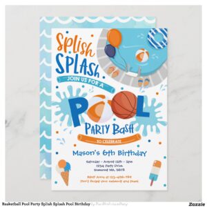 Basketball Pool Party Splish Splash Pool Birthday Invitation