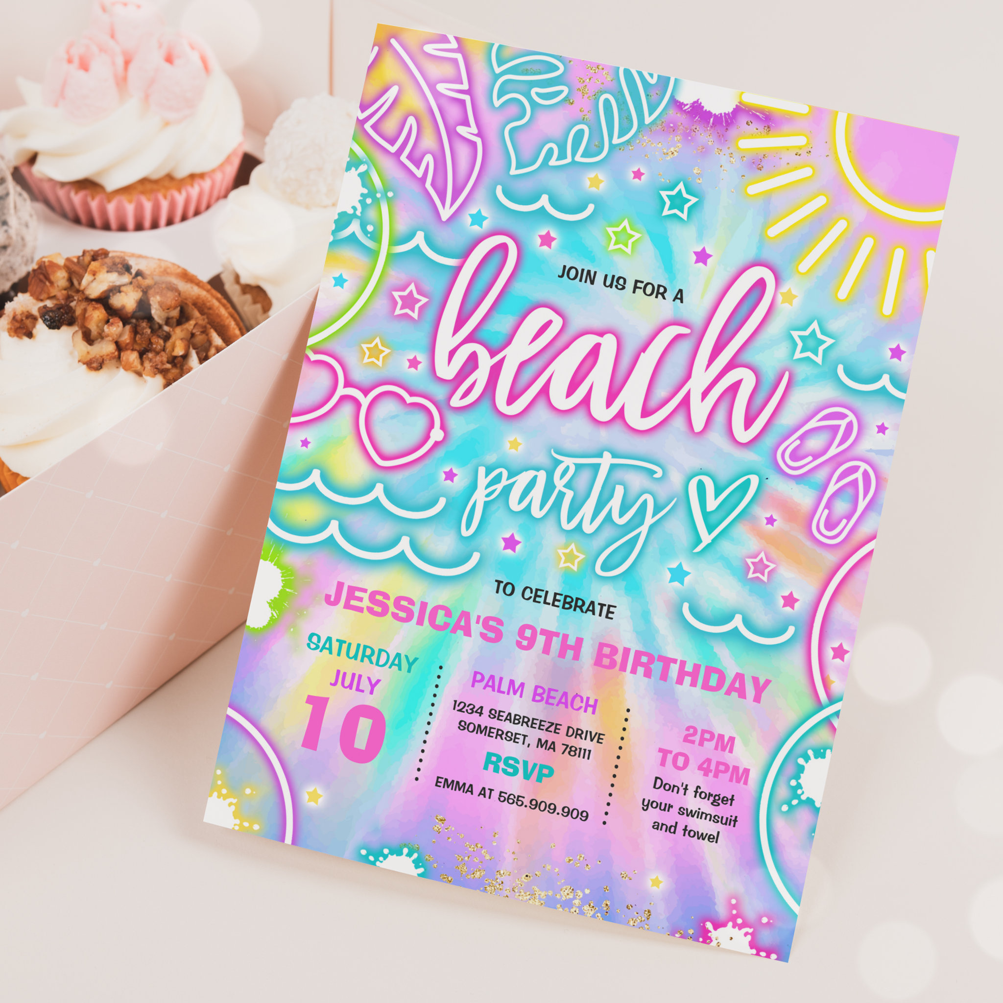 Beach Birthday Party Summer Beach Tie Dye Glow Invitation