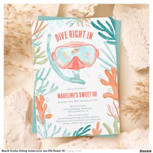 Beach Scuba diving watercolor sea life Sweet 16 Invitation