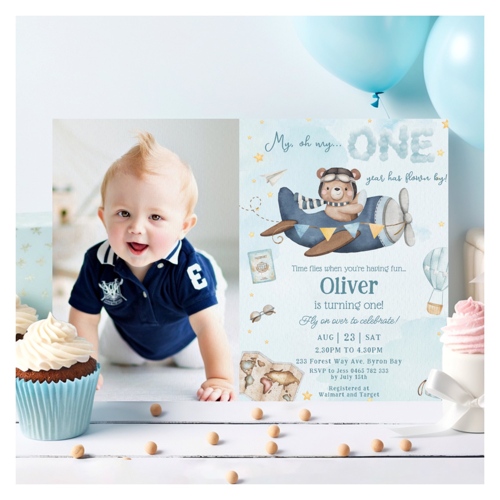 Bear Blue Plane Time Flies One 1st Birthday Photo Invitation