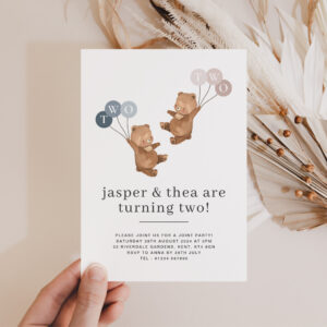 Bear Boy Girl Twins Joint 2nd Birthday Invitation
