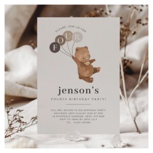 Bear Brown Balloons 4th Birthday Invitation
