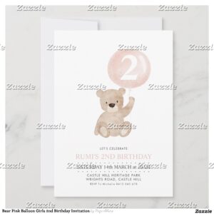 Bear Pink Balloon Girls 2nd Birthday Invitation