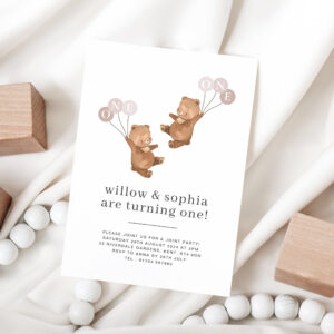 Bear Twin Girls Joint 1st Birthday Invitation
