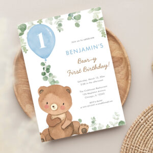 Bear-y First Birthday boy 1st cute bear balloons Invitation
