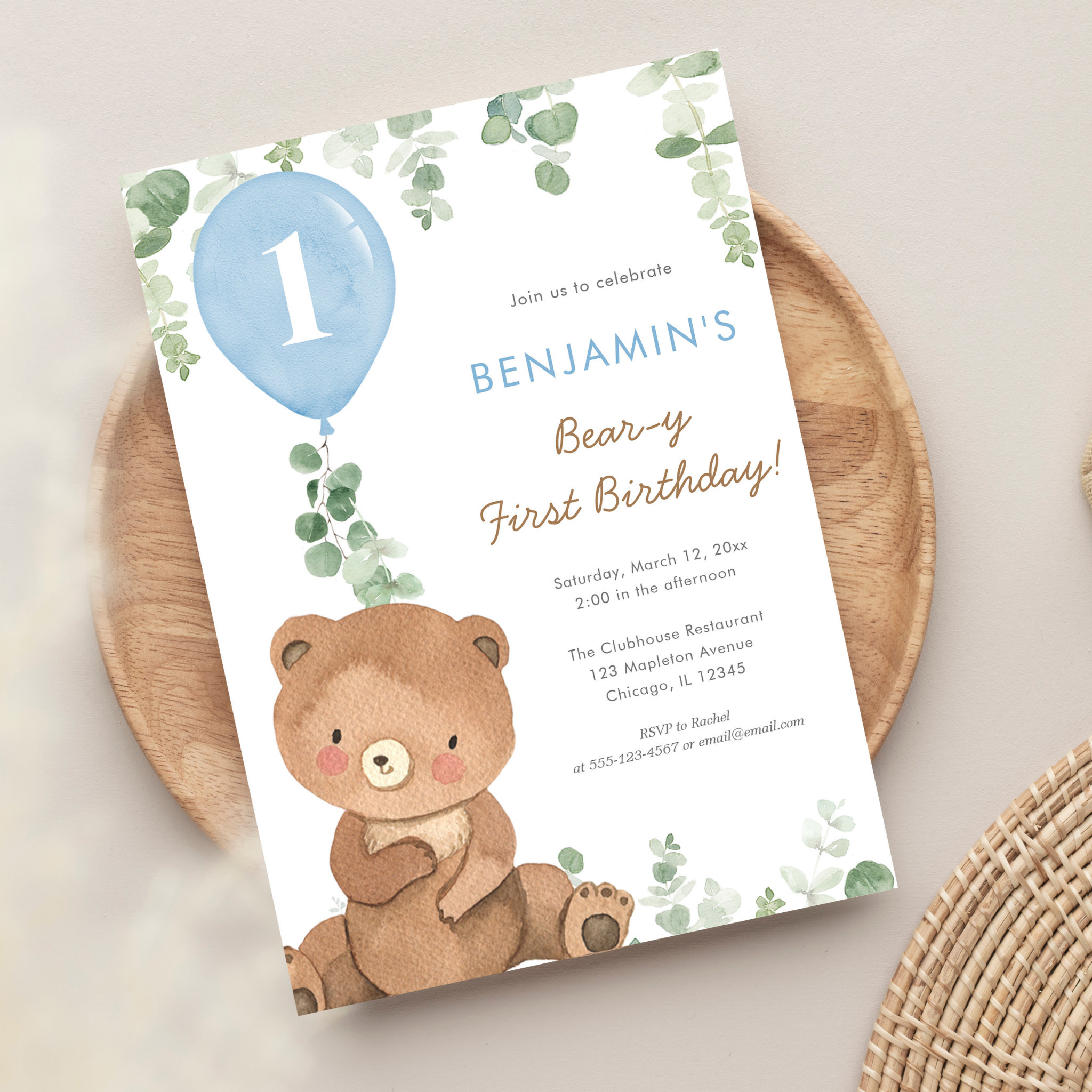 Bear-y First Birthday boy 1st cute bear balloons Invitation