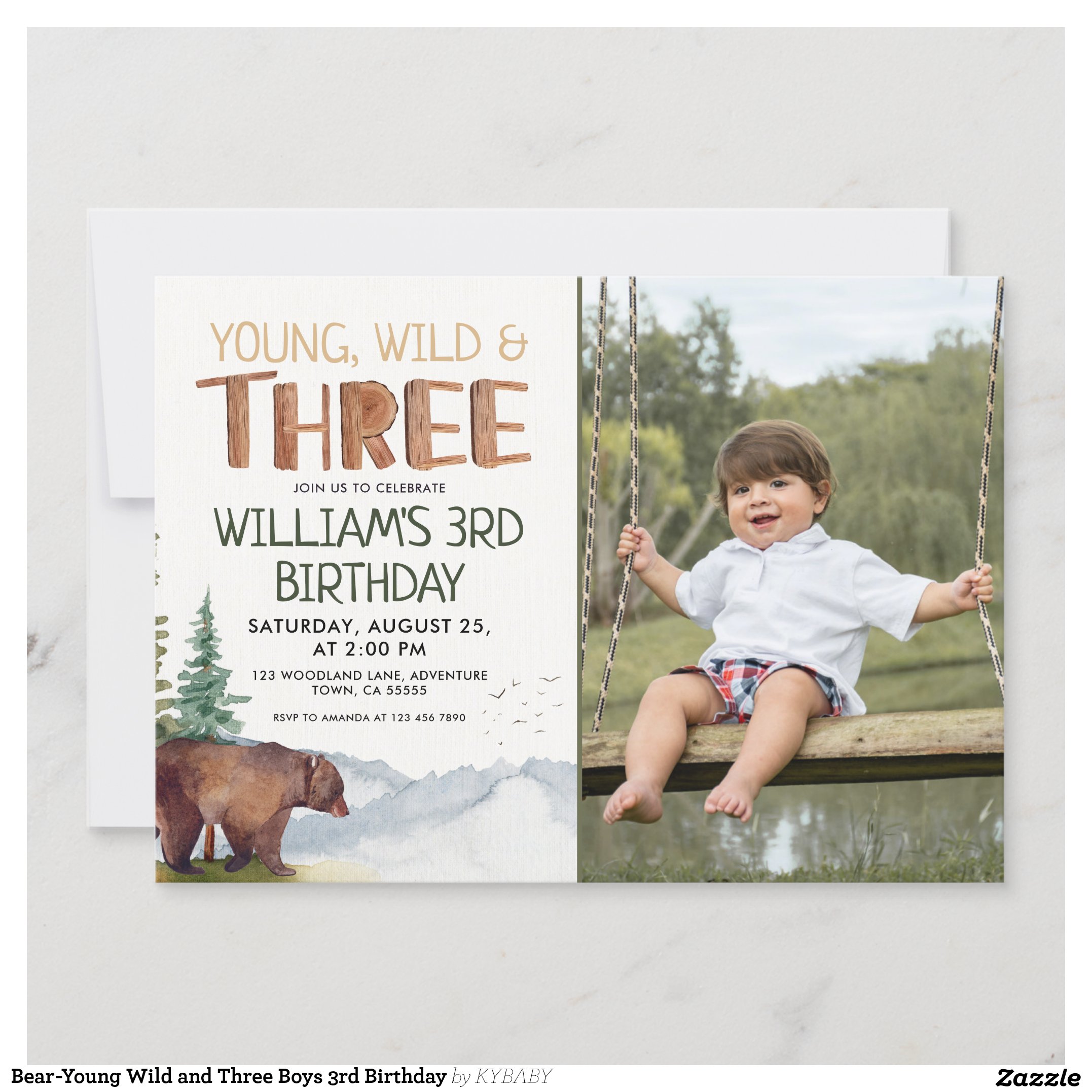 Bear-Young Wild and Three Boys 3rd Birthday Invitation