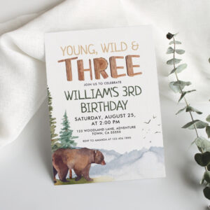 Bear-Young Wild and Three Boys 3rd Birthday Invitation
