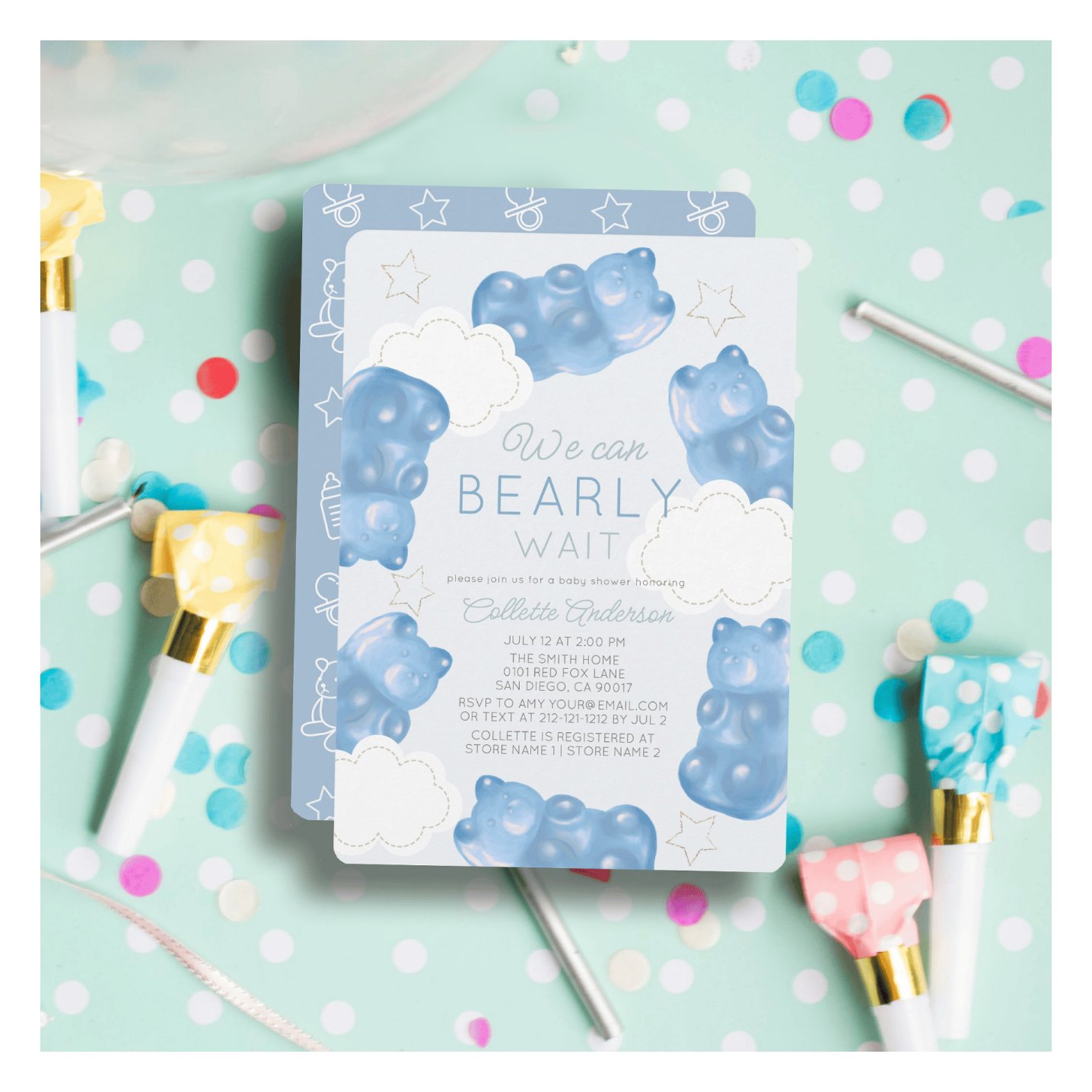 Bearly Wait Blue Gummy Bear Boy Baby Shower Invitation