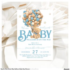 Bearly Wait Boho Blue Balloon Baby Boy Shower Invitation