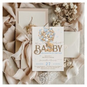 Bearly Wait Boho Blue Balloon Boy Baby Shower Invitation
